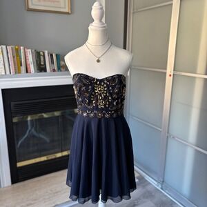 Strapless Navy Blue Embellished Chiffon Dress Prom Wedding Party Graduation